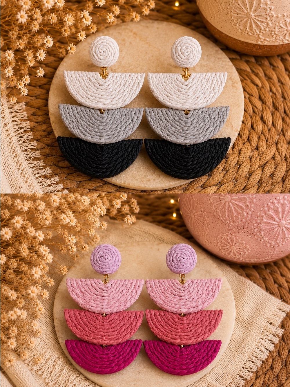 Raffia Layered Rope Drop Earrings - Pink & Neutral Options